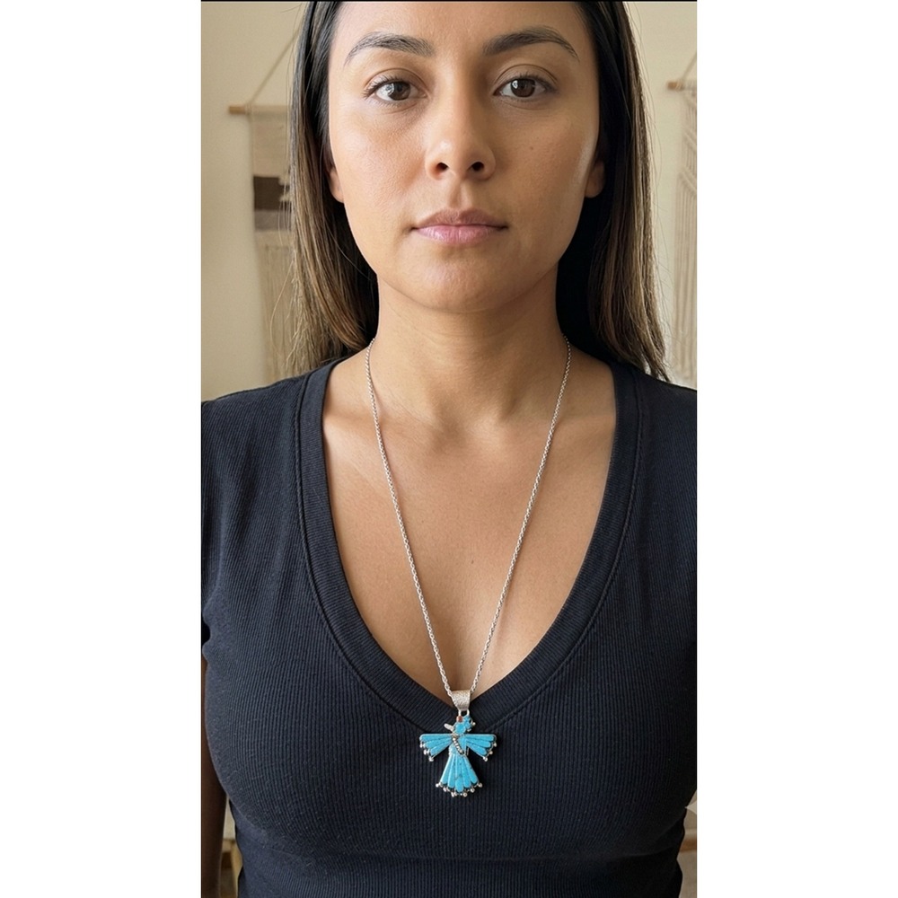 Zuni Thunderbird Inlay Pendant Blue Turquoise Native Am Jewelry 24" Rope Chain**